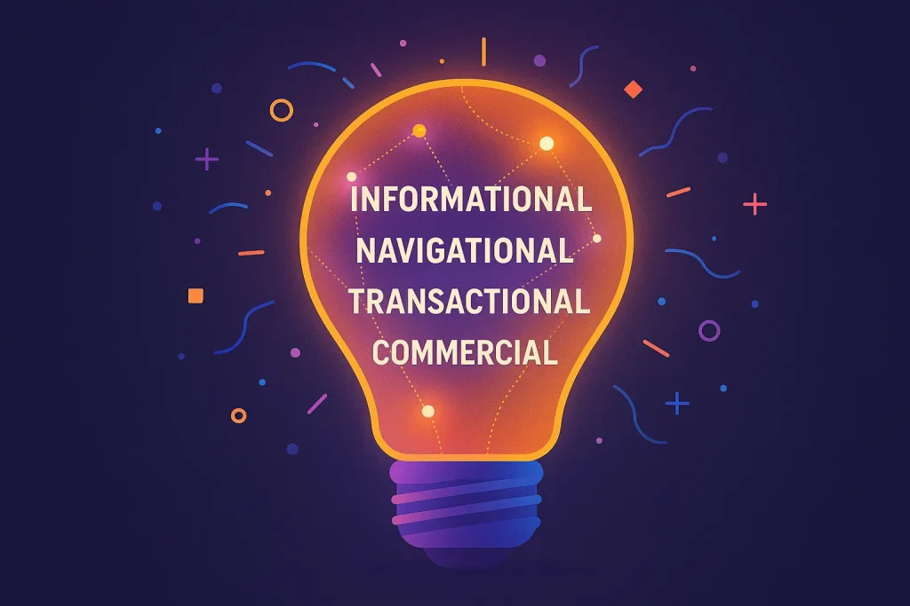 Infographic ประเภทของคีย์เวิร์ดในกระบวนการ Keyword Research เช่น Informational, Navigational, Transactional และ Commercial Intent