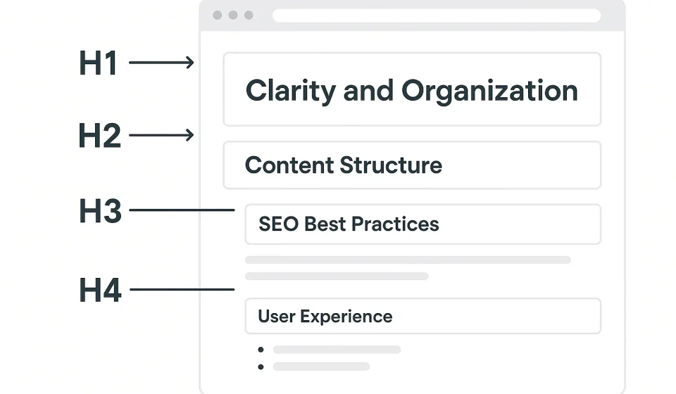 ภาพแสดงตัวอย่างการใช้ Header Tags (H1, H2, H3) ในการจัดโครงสร้างเนื้อหา SEO