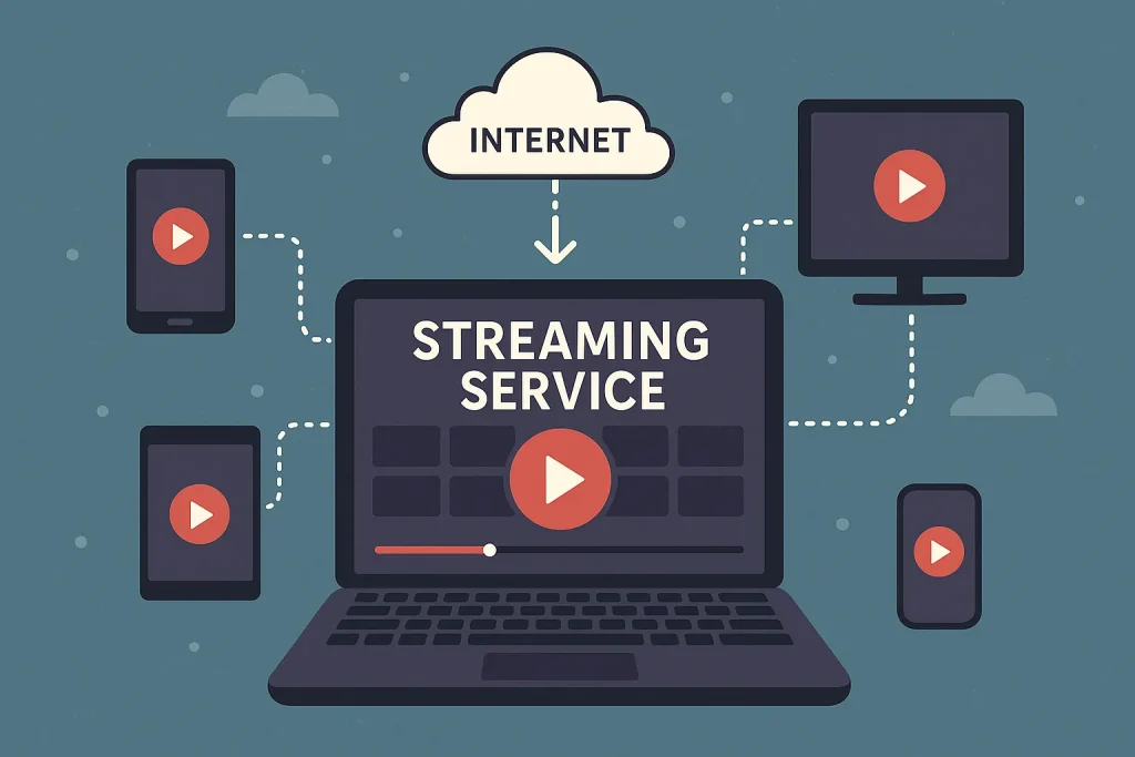 รู้จัก Streaming Service คืออะไร? มีค่ายไหนน่าสนใจบ้างในไทย? 1 ภาพคอนเซ็ปต์ บริการสตรีมมิ่ง แสดงการสตรีมเนื้อหาไปยังอุปกรณ์ต่างๆ เช่น ทีวี แท็บเล็ต มือถือ