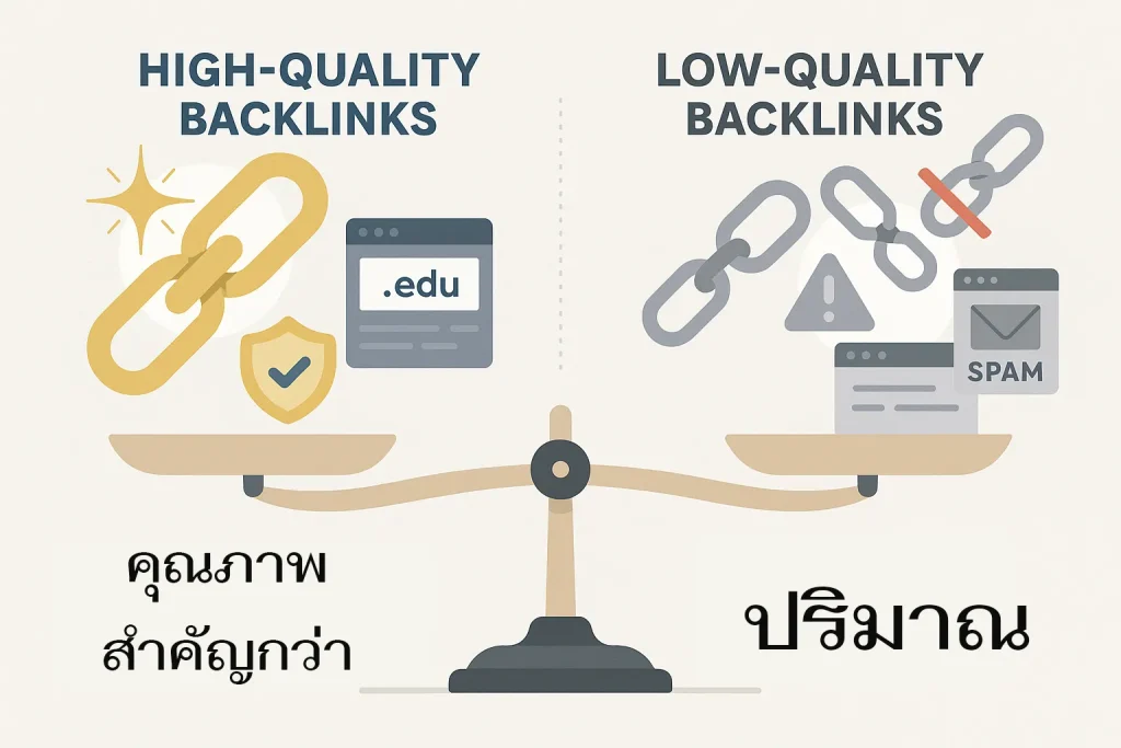EP 11: SEO Demystified - Backlinks 101: 'เสียงโหวต' สำคัญที่ Google รับฟัง 2 ภาพเปรียบเทียบความแตกต่างระหว่าง Backlink คุณภาพสูงและ Backlink คุณภาพต่ำสำหรับ SEO