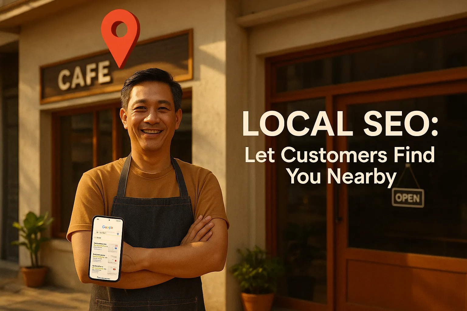 Local SEO cover image showing a Thai store owner and Google Maps pin