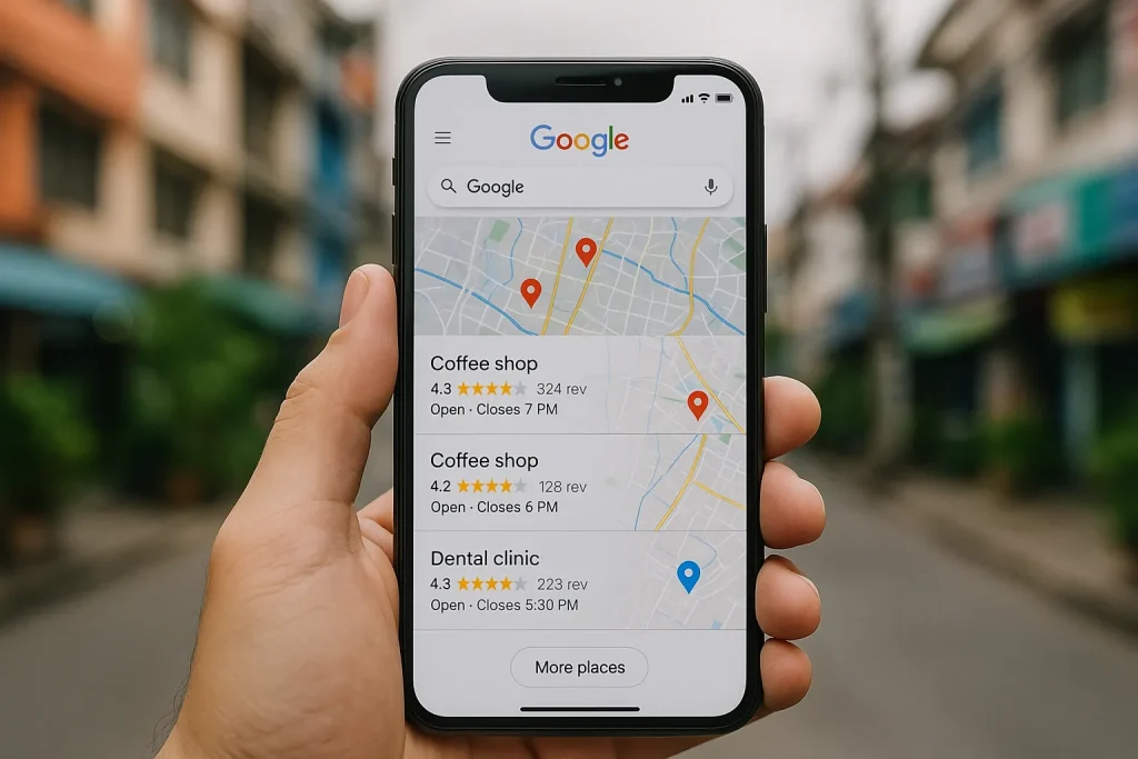 Mobile phone showing Google 'near me' search results