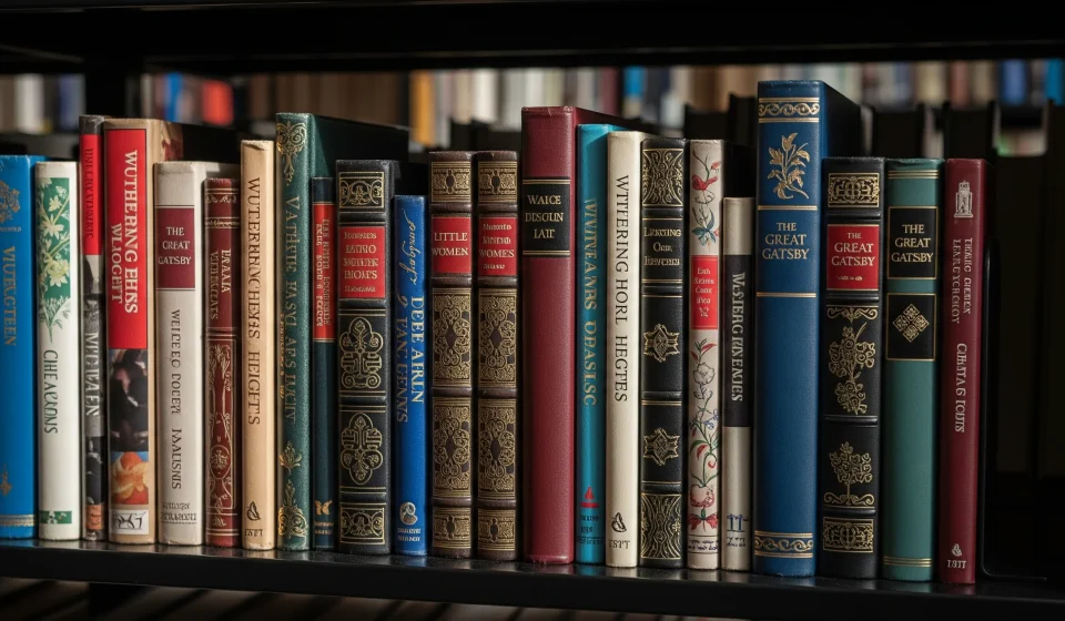 ภาพกองหนังสือเก่าหรือชั้นวางวรรณกรรมคลาสสิกในห้องสมุด