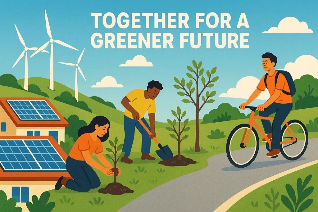 Climate Change (การเปลี่ยนแปลงสภาพภูมิอากาศ) คืออะไร? สาเหตุ ผลกระทบ และแนวทางแก้ไข 2 ภาพแสดงแนวทางการแก้ไขปัญหา Climate Change (การเปลี่ยนแปลงสภาพภูมิอากาศ) เช่น การใช้พลังงานหมุนเวียนและการปลูกป่า