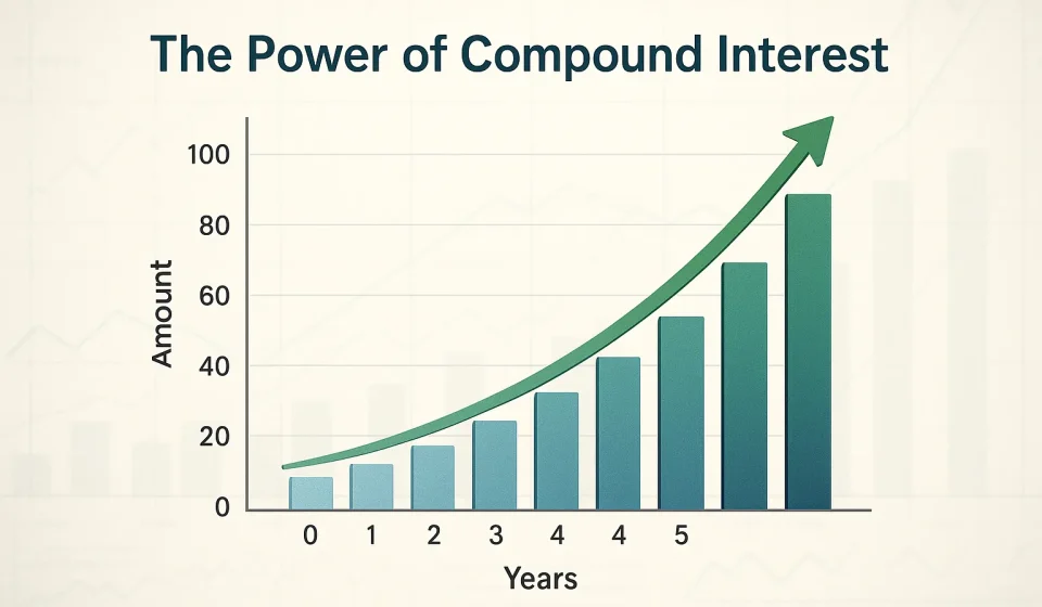 กราฟแสดงการเติบโตของเงินลงทุนด้วยพลังของดอกเบี้ยทบต้นในระยะยาว