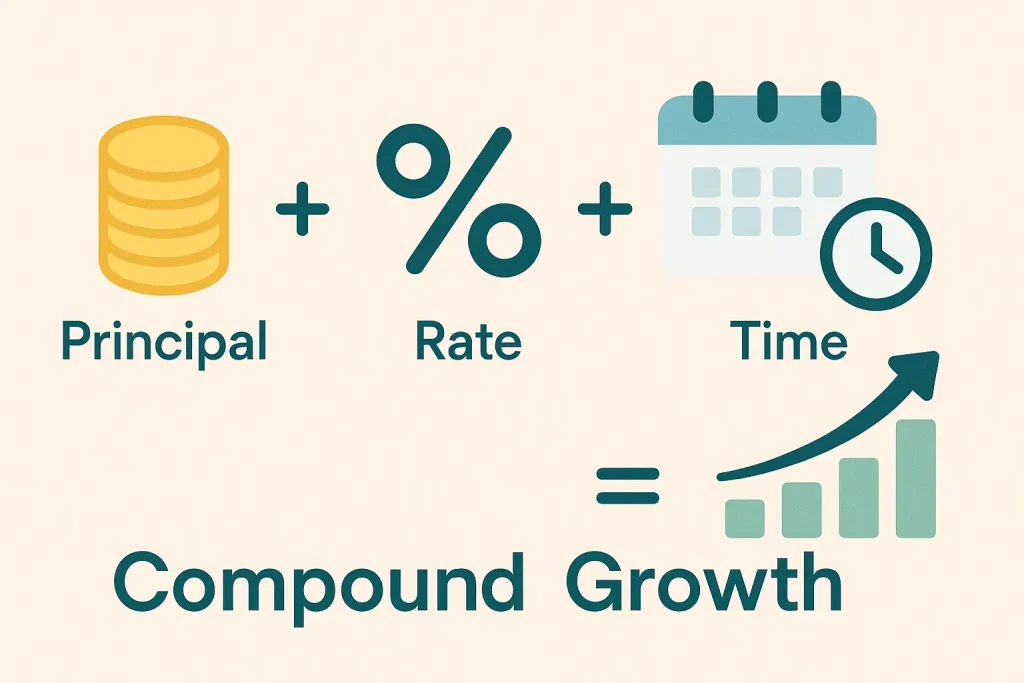 อินโฟกราฟิกแสดงปัจจัยที่มีผลต่อดอกเบี้ยทบต้น ได้แก่ เงินต้น อัตราผลตอบแทน และระยะเวลาการลงทุน