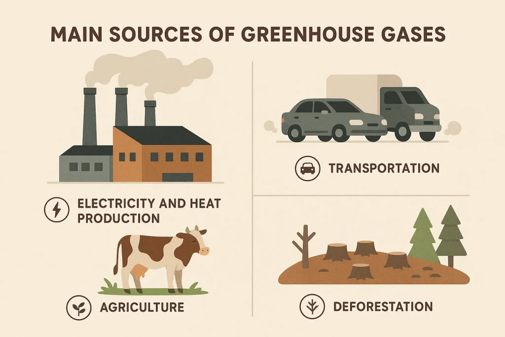 Climate Change (การเปลี่ยนแปลงสภาพภูมิอากาศ) คืออะไร? สาเหตุ ผลกระทบ และแนวทางแก้ไข 1 อินโฟกราฟิกแหล่งที่มาของก๊าซเรือนกระจก สาเหตุหลักของ Climate Change (การเปลี่ยนแปลงสภาพภูมิอากาศ)