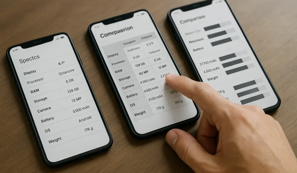 ภาพมือที่กำลังพิจารณาเลือก Smart Phone หลายรุ่น เป็นแนวทางสำหรับ วิธีเลือกซื้อ Smart Phone