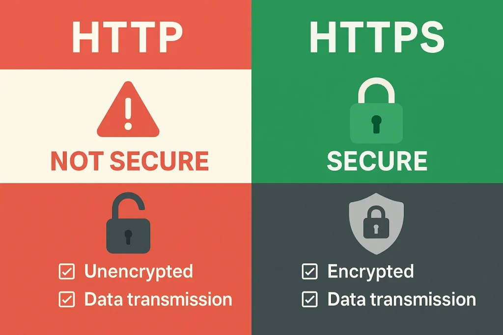 ภาพเปรียบเทียบความแตกต่างระหว่าง HTTP และ HTTPS สำหรับความปลอดภัยและ SEO