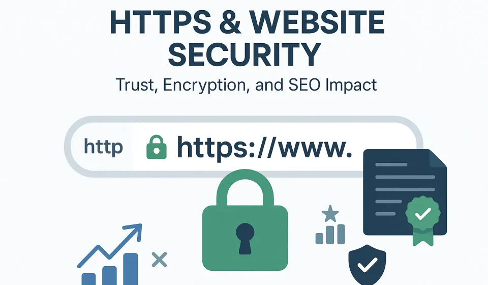 ภาพแสดงสัญลักษณ์ HTTPS และแม่กุญแจ แสดงถึงเว็บไซต์ที่มีความปลอดภัยและดีต่อ SEO