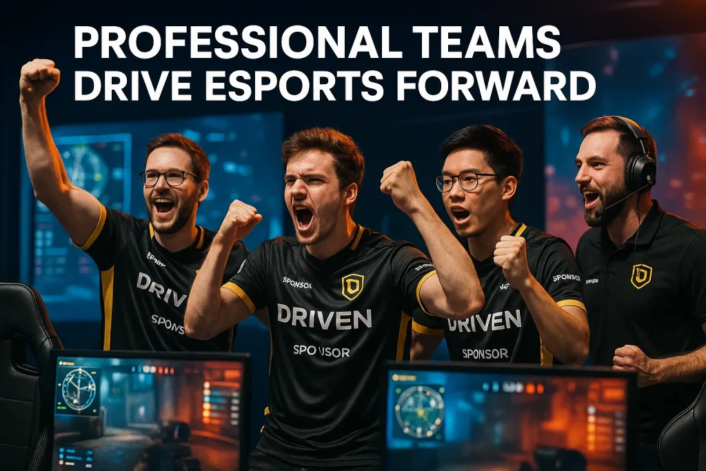 วงการเกม eSports: ทำไมถึงเติบโตเร็ว กลายเป็นอุตสาหกรรมยักษ์ใหญ่? 2 ภาพทีมนักกีฬา eSports มืออาชีพกำลังแข่งขันหรือฉลองชัยชนะ สะท้อนความเป็นมืออาชีพใน วงการเกม eSports