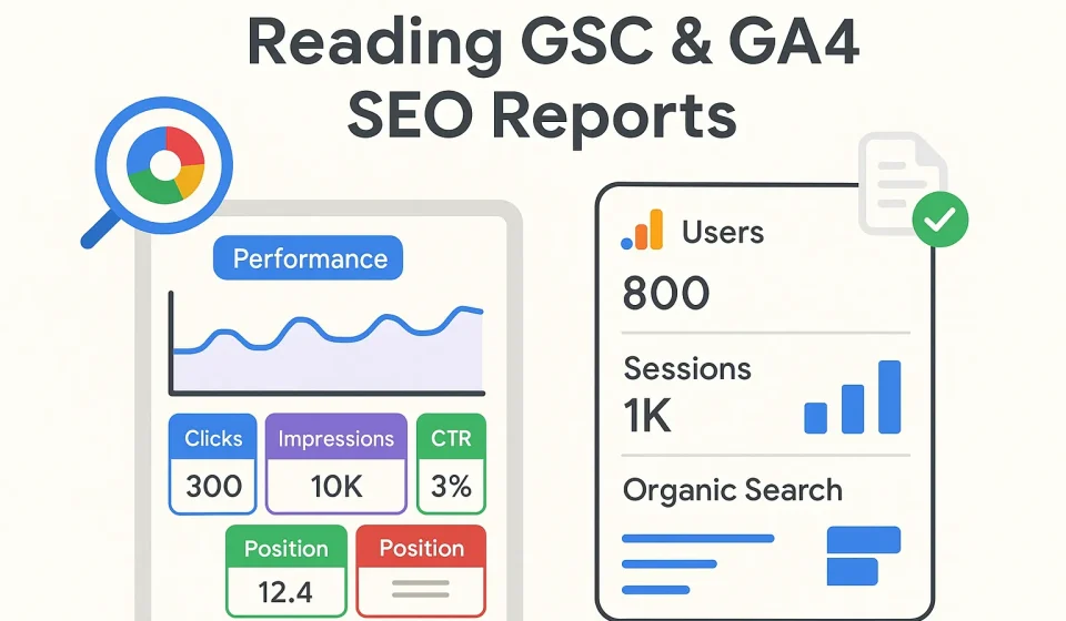 ภาพแสดง Dashboard รายงานสำคัญใน Google Search Console (GSC) และ Google Analytics 4 (GA4) สำหรับ SEO