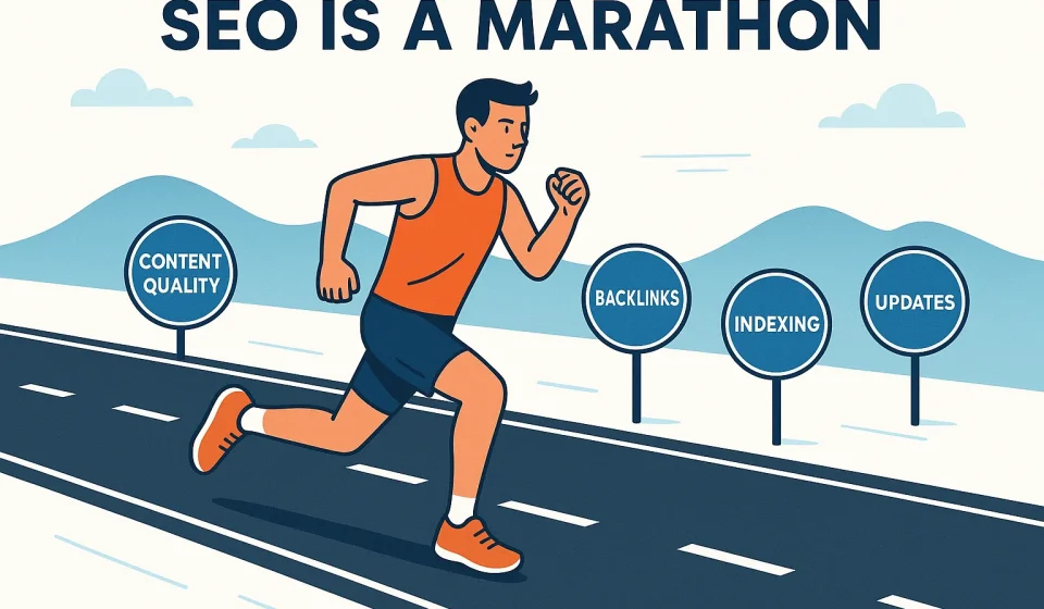 ภาพเปรียบเทียบการทำ SEO กับการวิ่งมาราธอนที่ต้องใช้ความอดทนและต่อเนื่อง