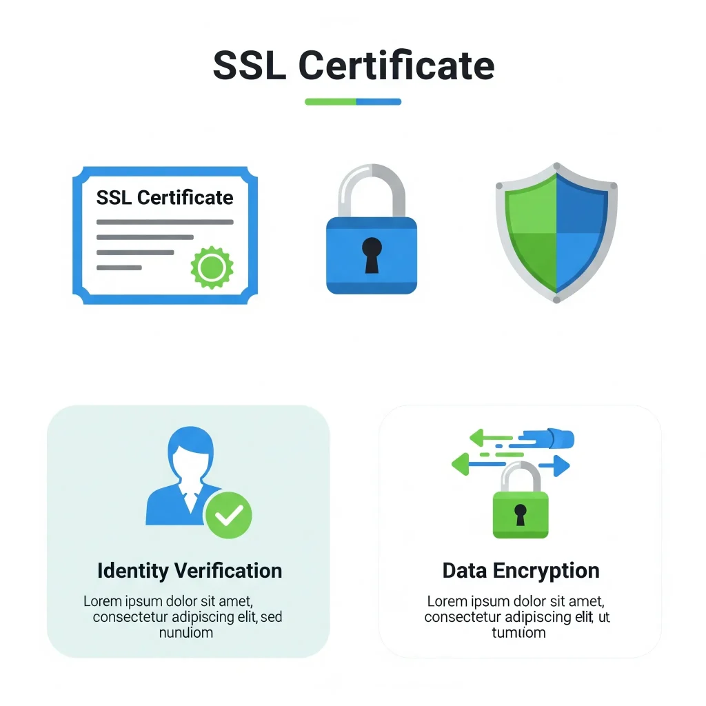 ภาพไอคอน SSL Certificate อธิบายหน้าที่ในการยืนยันตัวตนและเข้ารหัสเว็บ