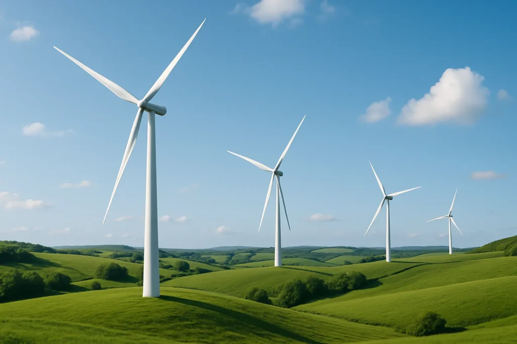 พลังงานหมุนเวียน คืออะไร? รู้จักประเภท และข้อดีต่อสิ่งแวดล้อม 2 ทุ่งกังหันลมขนาดใหญ่กำลังผลิตพลังงานหมุนเวียนที่เป็นมิตรต่อสิ่งแวดล้อม