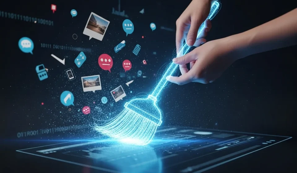 คนกำลังใช้ไม้กวาดดิจิทัลที่เรืองแสง กวาดล้างข้อมูลเก่าๆ บนหน้าจอคอมพิวเตอร์ เพื่อทำความสะอาดรอยเท้าดิจิทัลและจัดการตัวตนออนไลน์