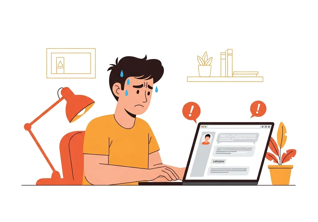 EP 0: เกริ่นนำ: 'พูดไม่เก่ง' 'คุยไม่เป็น' ไม่ใช่ข้ออ้าง! มาอัปสกิลสื่อสารออนไลน์ให้ 'เทพ' กัน! 1 ภาพฟรีแลนซ์กำลังปาดเหงื่อขณะคุยแชทกับลูกค้า แสดงถึงความยากในการสื่อสารออนไลน์