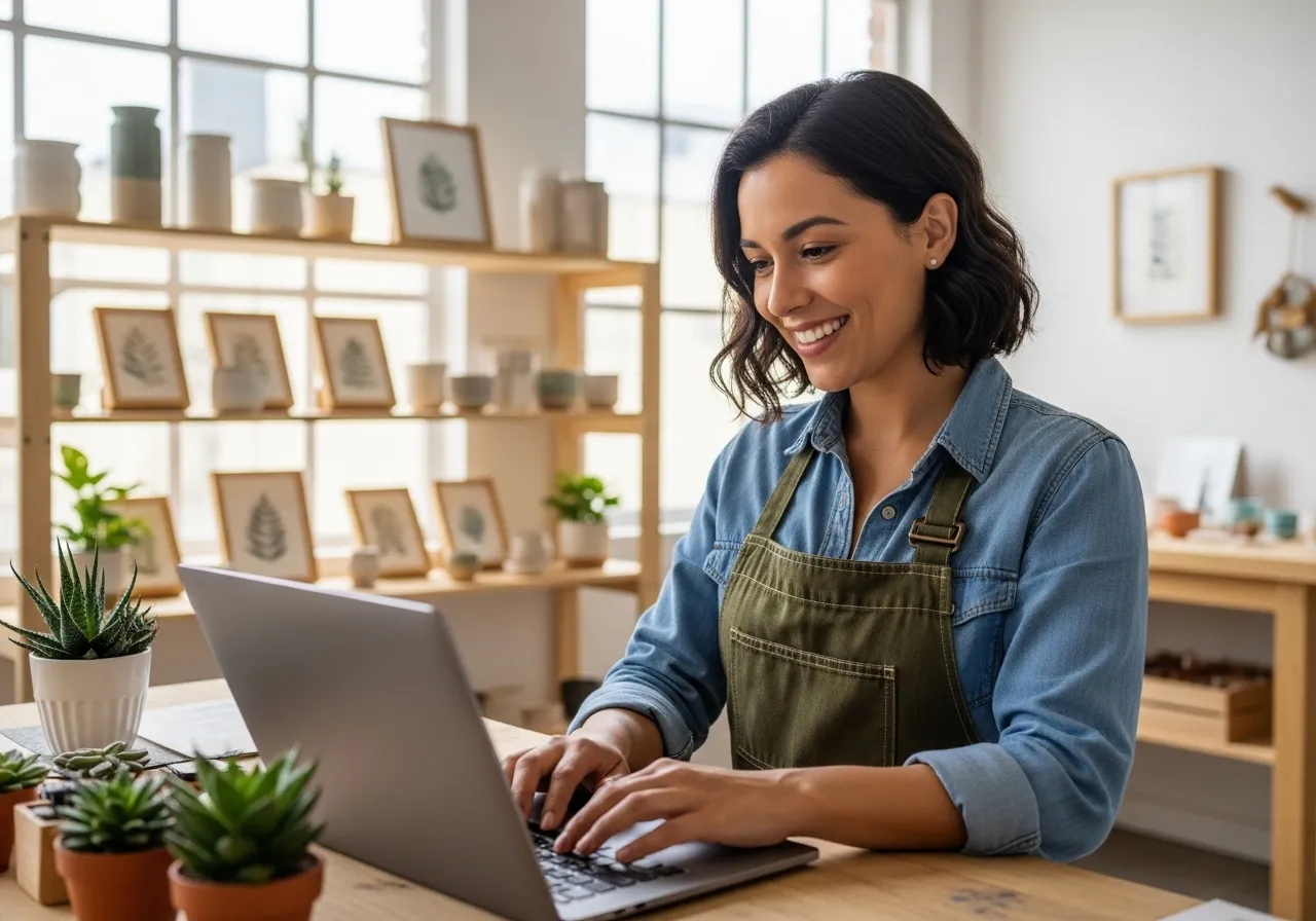 EP 3: 'ตอบแชท' ลูกค้ายังไงให้ 'ประทับใจ' (เปลี่ยนคำถามเป็นยอดขาย!) 1 ภาพแม่ค้าออนไลน์กำลังยิ้มอย่างมีความสุขขณะตอบแชทลูกค้าบนคอมพิวเตอร์ แสดงถึงการบริการลูกค้าที่ดี