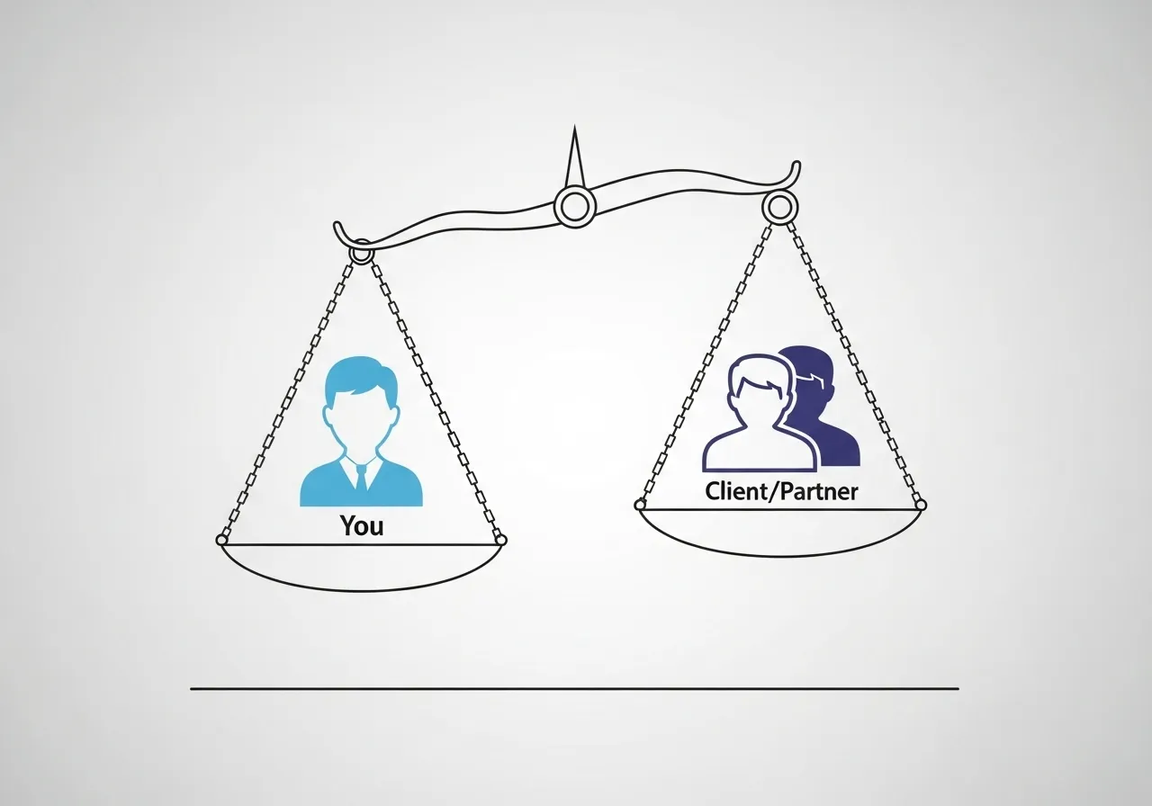 EP 4: 'ศิลปะการเจรจาต่อรอง' ออนไลน์ (ราคา, ขอบเขตงาน, เดดไลน์) 1 ภาพตาชั่งที่กำลังสมดุล โดยมีไอคอนของคนสองคนอยู่แต่ละฝั่ง สื่อถึงการเจรจาต่อรองที่ยุติธรรม