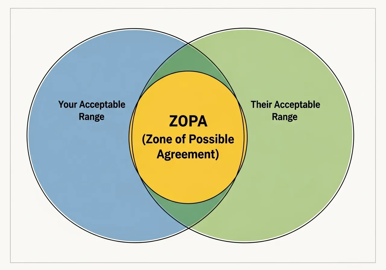 EP 4: 'ศิลปะการเจรจาต่อรอง' ออนไลน์ (ราคา, ขอบเขตงาน, เดดไลน์) 2 ภาพกราฟแสดง Zone of Possible Agreement (ZOPA) ที่จุดต่อรองของทั้งสองฝ่ายมาบรรจบกัน