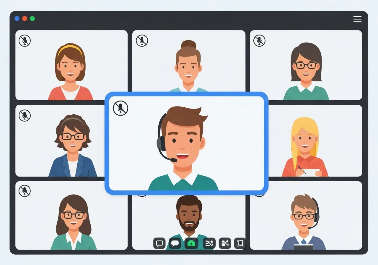 ภาพหน้าจอ Video Call ที่มีผู้เข้าร่วมคนหนึ่งกำลังพูด และคนอื่นๆ ปิดไมค์ (Mute) อยู่ สื่อถึงมารยาทที่ดี