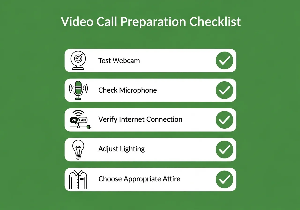 ภาพ Checklist การเตรียมตัว Video Call ประกอบด้วยไอคอนกล้อง ไมโครโฟน อินเทอร์เน็ต และการแต่งกาย