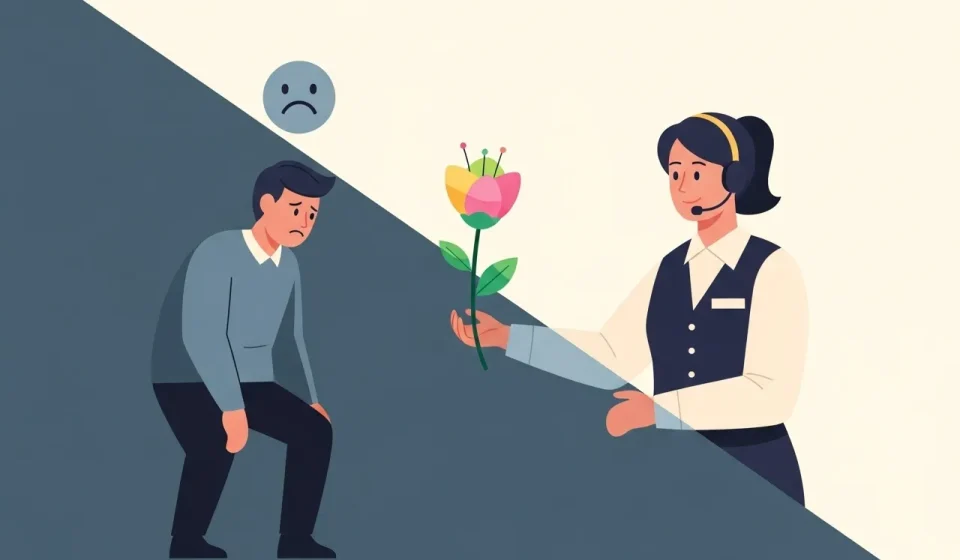 ภาพคนกำลังยื่นดอกไม้ซึ่งเป็นสัญลักษณ์ของการแก้ปัญหาให้กับลูกค้าที่กำลังทำหน้าบึ้ง เพื่อเปลี่ยนวิกฤตเป็นโอกาส