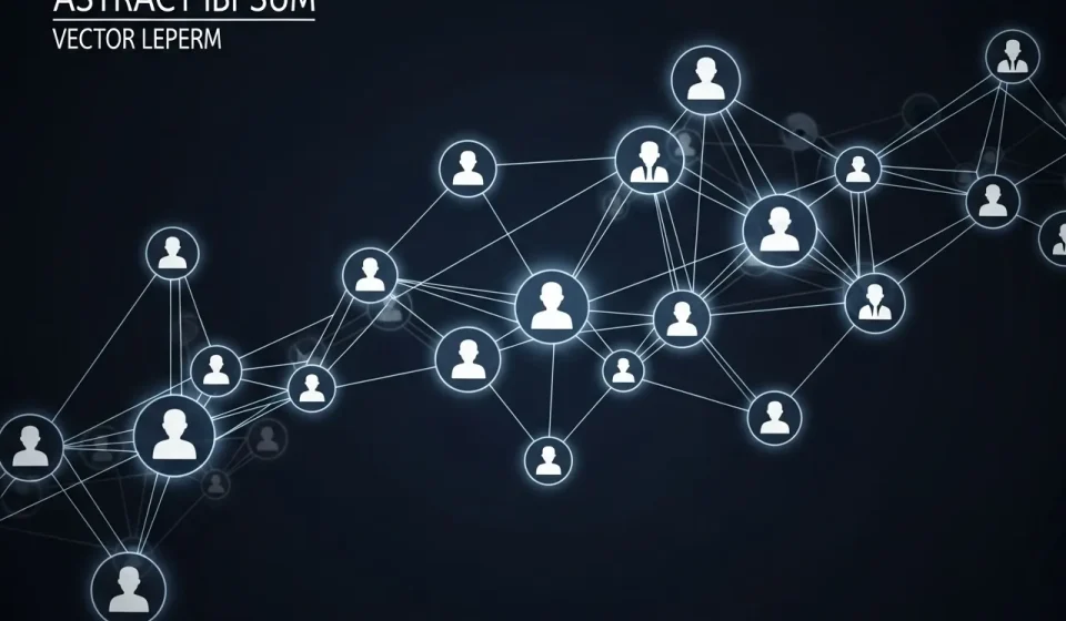 ภาพเครือข่ายใยแมงมุมดิจิทัลที่สวยงาม เชื่อมโยงไอคอนผู้คนเข้าด้วยกัน แสดงถึงการสร้างความสัมพันธ์ออนไลน์