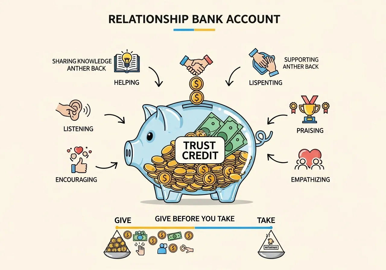 EP 7: 'สร้างความสัมพันธ์' ออนไลน์ (Networking & Building Trust) 2 ภาพบัญชีธนาคารความสัมพันธ์ ที่มีการฝาก (การให้) อย่างต่อเนื่อง ทำให้มียอดเครดิต (ความไว้วางใจ) สูง