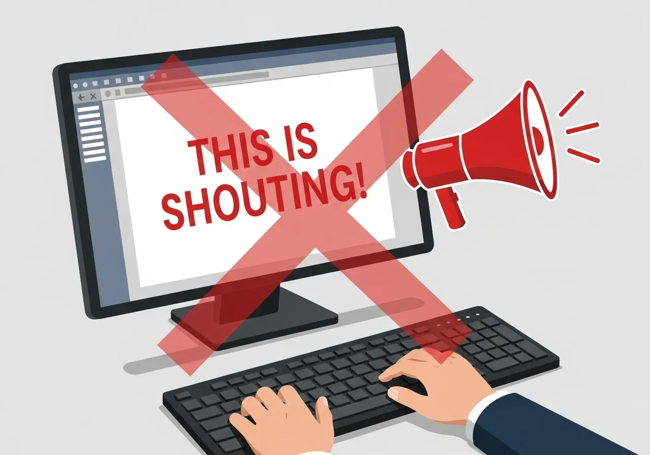 ภาพคนกำลังพิมพ์ข้อความด้วยตัวพิมพ์ใหญ่ทั้งหมด (ALL CAPS) และมีไอคอนลำโพงตะโกนออกมาจากข้อความ