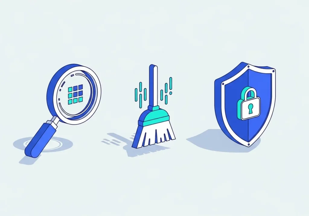 ภาพเครื่องมือต่างๆ เช่น แว่นขยาย ไม้กวาด และโล่ ถูกจัดวางบนหน้าโปรไฟล์ออนไลน์ เพื่อสื่อถึงการตรวจสอบ ป้องกัน และทำความสะอาดตัวตนดิจิทัล